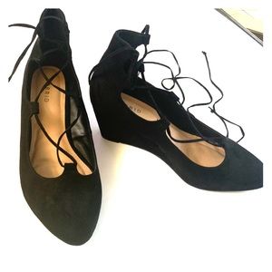 Size 10 strappy/lace up Black microsuede wedges